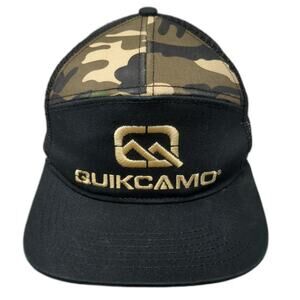 QUIKCAMO Trucker Hat Black One Size Camo Snapback Gold Embroidery Mountain Logo